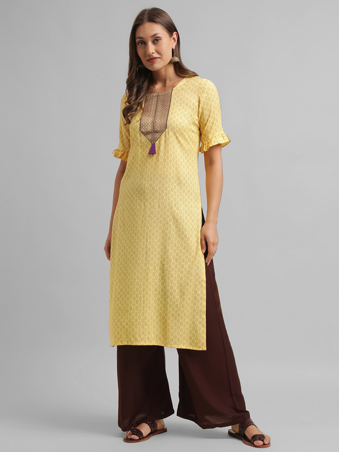 

KALINI Ethnic Motifs Printed Straight Kurta, Yellow