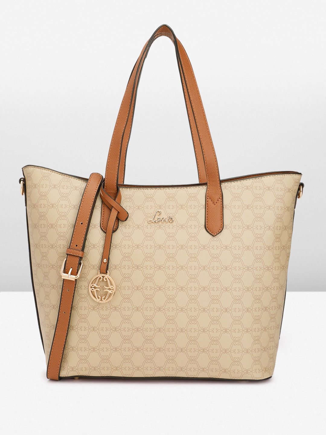 Lavie Brand Logo Printed Structured Shoulder Bag, Beige