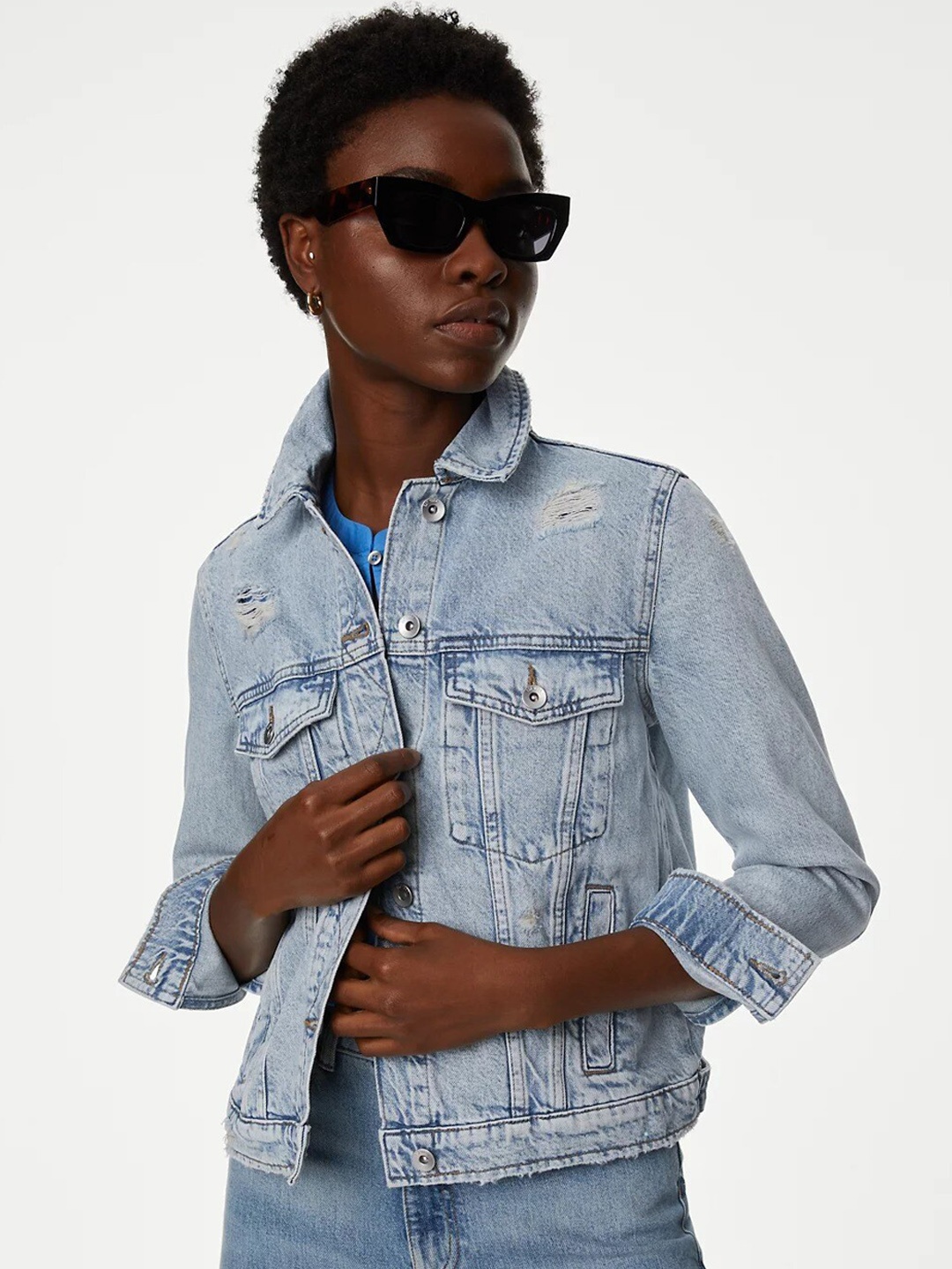 

Marks & Spencer Washed Distressed Pure Cotton Denim Jacket, Blue