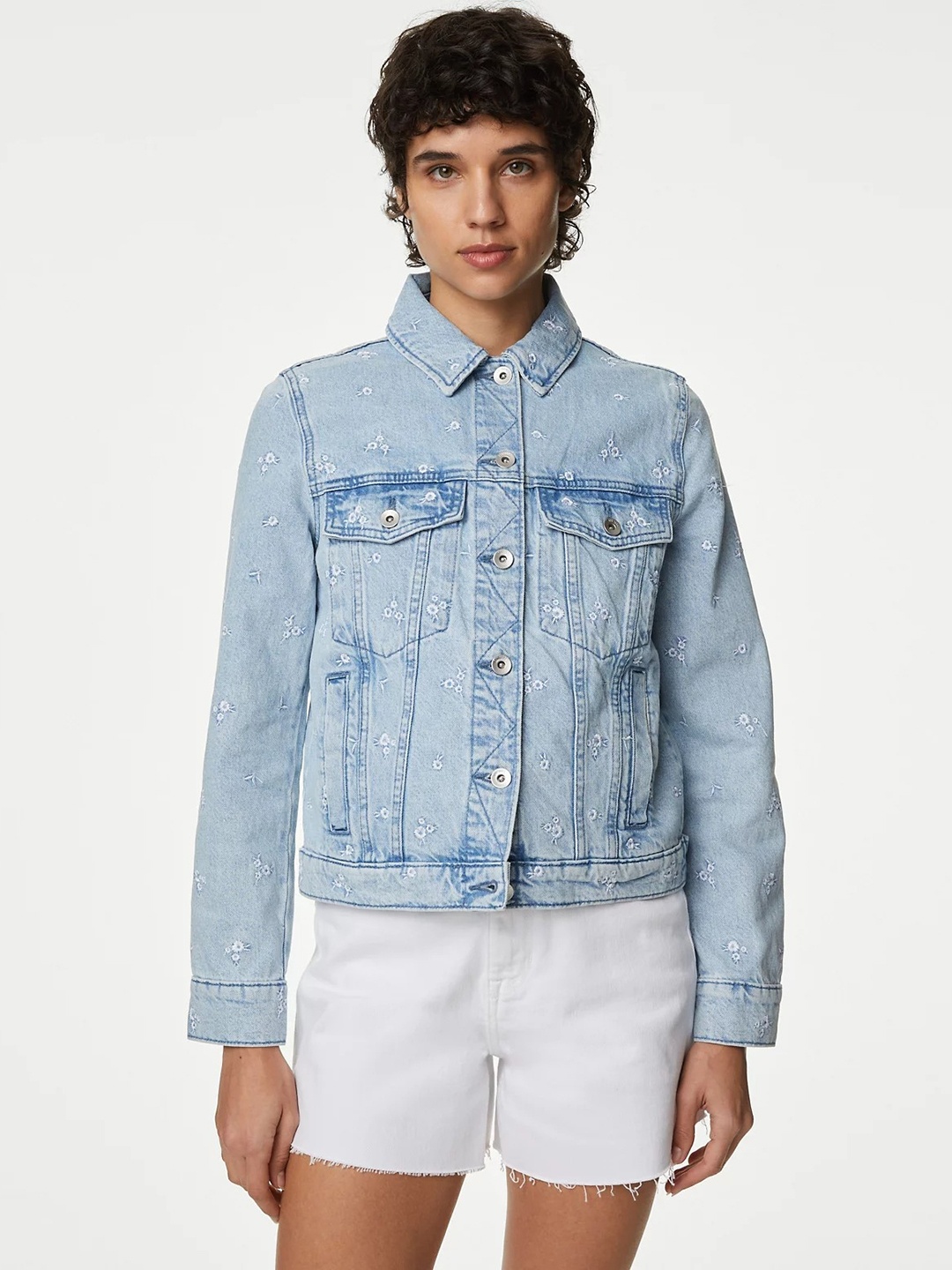 

Marks & Spencer Washed Pure Cotton Denim Jacket With Embroidered Detail, Blue