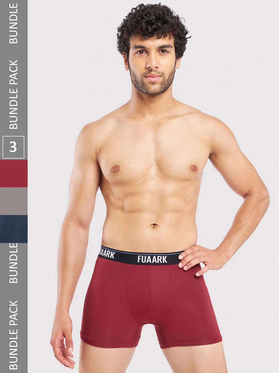 

FUAARK Pack Of 3 Snug Fit Anti-Microbial Trunks FUSMTrP3-Blue-Maroon-Grey-S