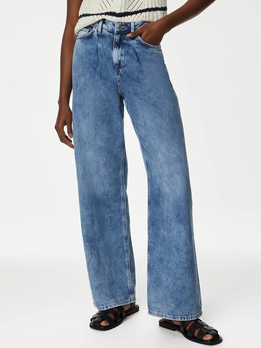 

Marks & Spencer Women High-Rise Clean Look Light Fade Wide Leg Jeans, Blue