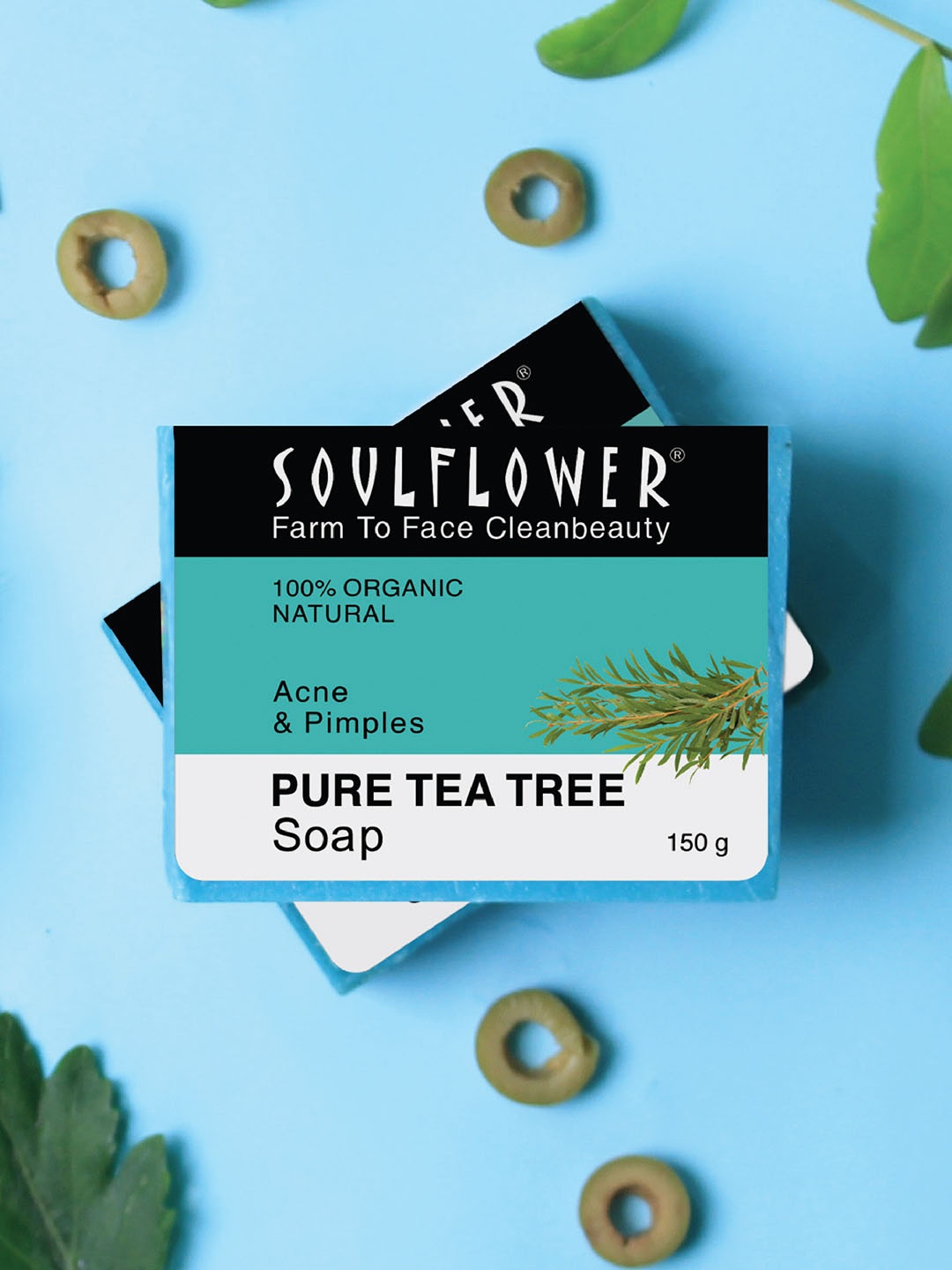 

Soulflower 100% Organic & Natural Pure Tea Tree Soap for Acne & Pimple Control - 150g, Blue