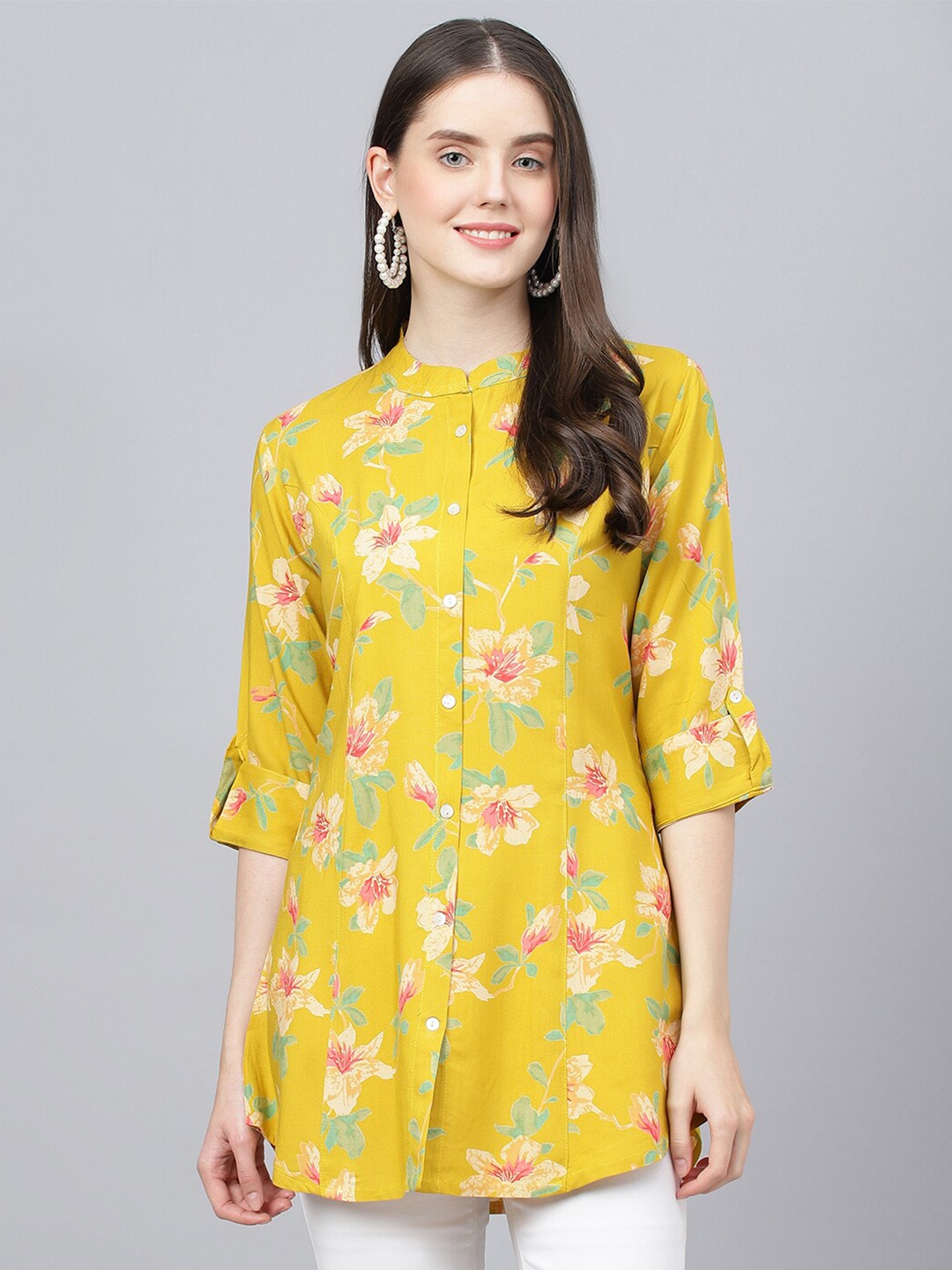 

Divena Floral Printed Mandarin Collar Roll-Up Sleeves Shirt Style Top, Yellow