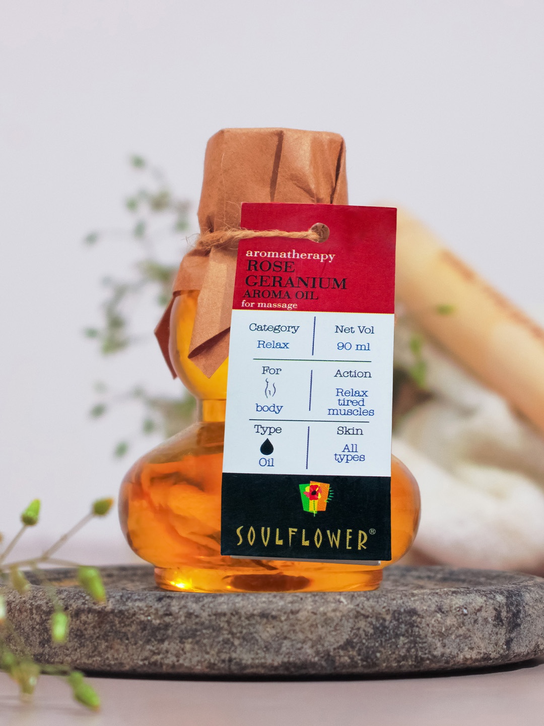 

Soulflower Rose Geranium Massage Oil - Body & Feet Relaxed Muscles Pain Relief - 90 ml, Yellow