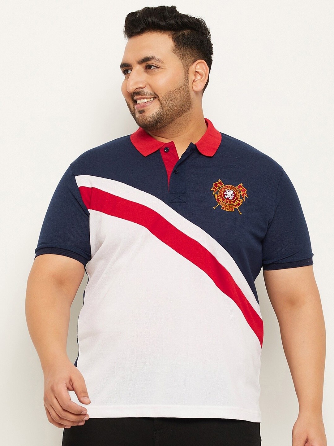 

AUSTIVO Plus Size Colourblocked Polo Collar Cotton T-shirt, Navy blue