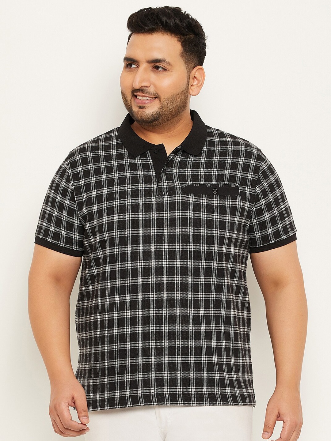 

AUSTIVO Plus Size Checked Polo Collar Cotton T-shirt, Black