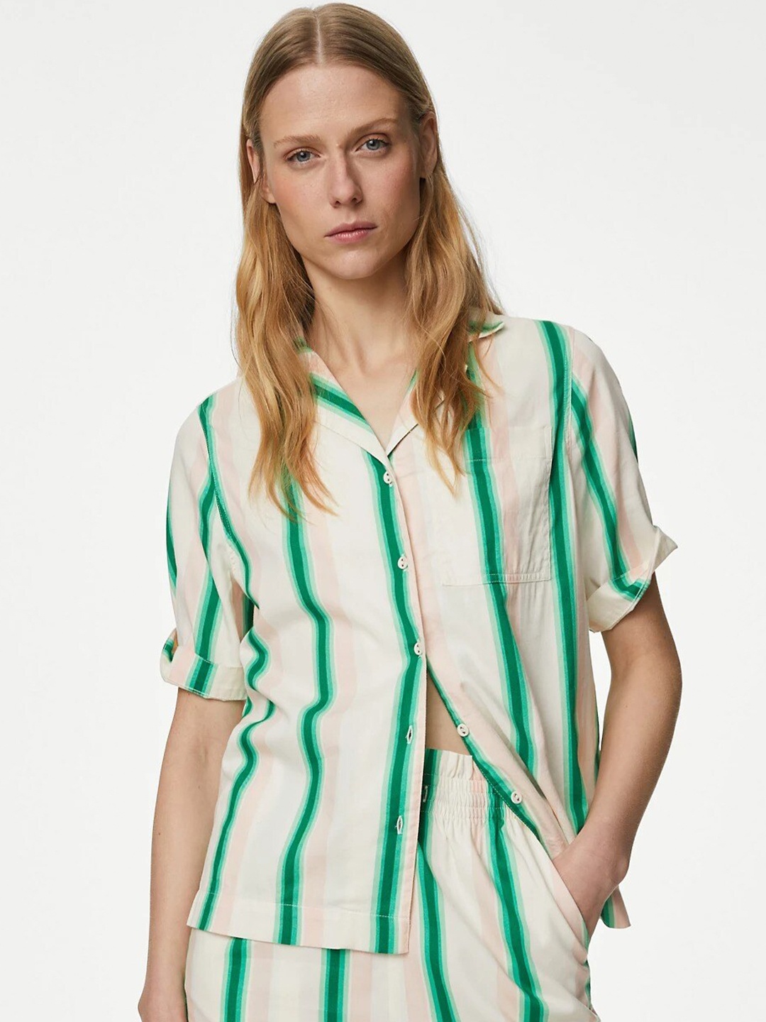 

Marks & Spencer Vertical Striped Cuban Collar Casual Shirt, Cream