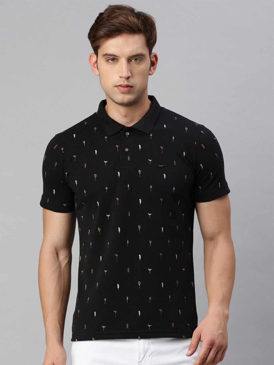 

VRIKSH Conversational Printed Polo Collar Cotton Regular T-shirt, Black