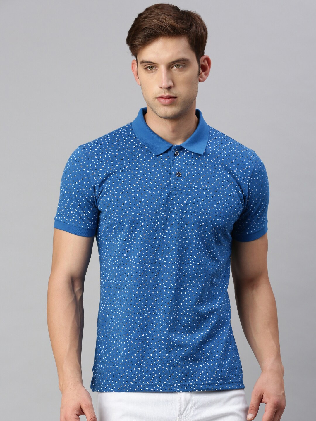 

VRIKSH Floral Printed Polo Collar Cotton Regular T-shirt, Blue