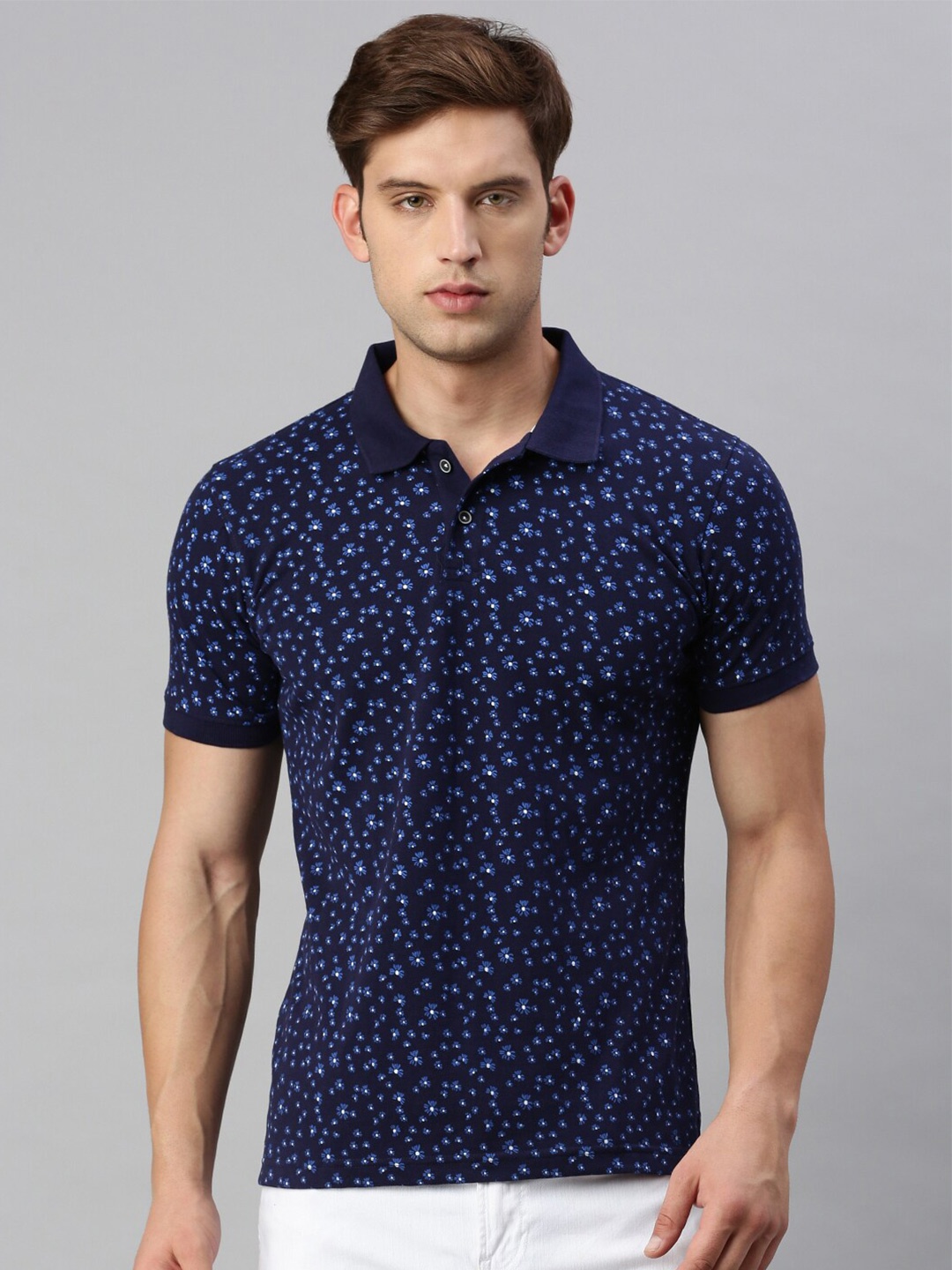 

VRIKSH Floral Printed Polo Collar Cotton Regular T-shirt, Blue