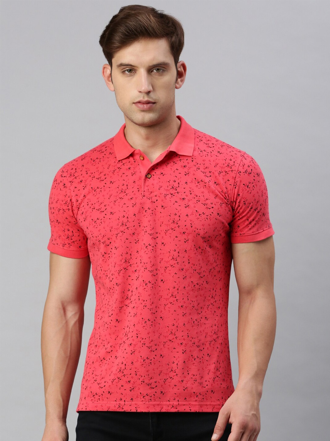 

VRIKSH Floral Printed Polo Collar Cotton Regular T-shirt, Peach