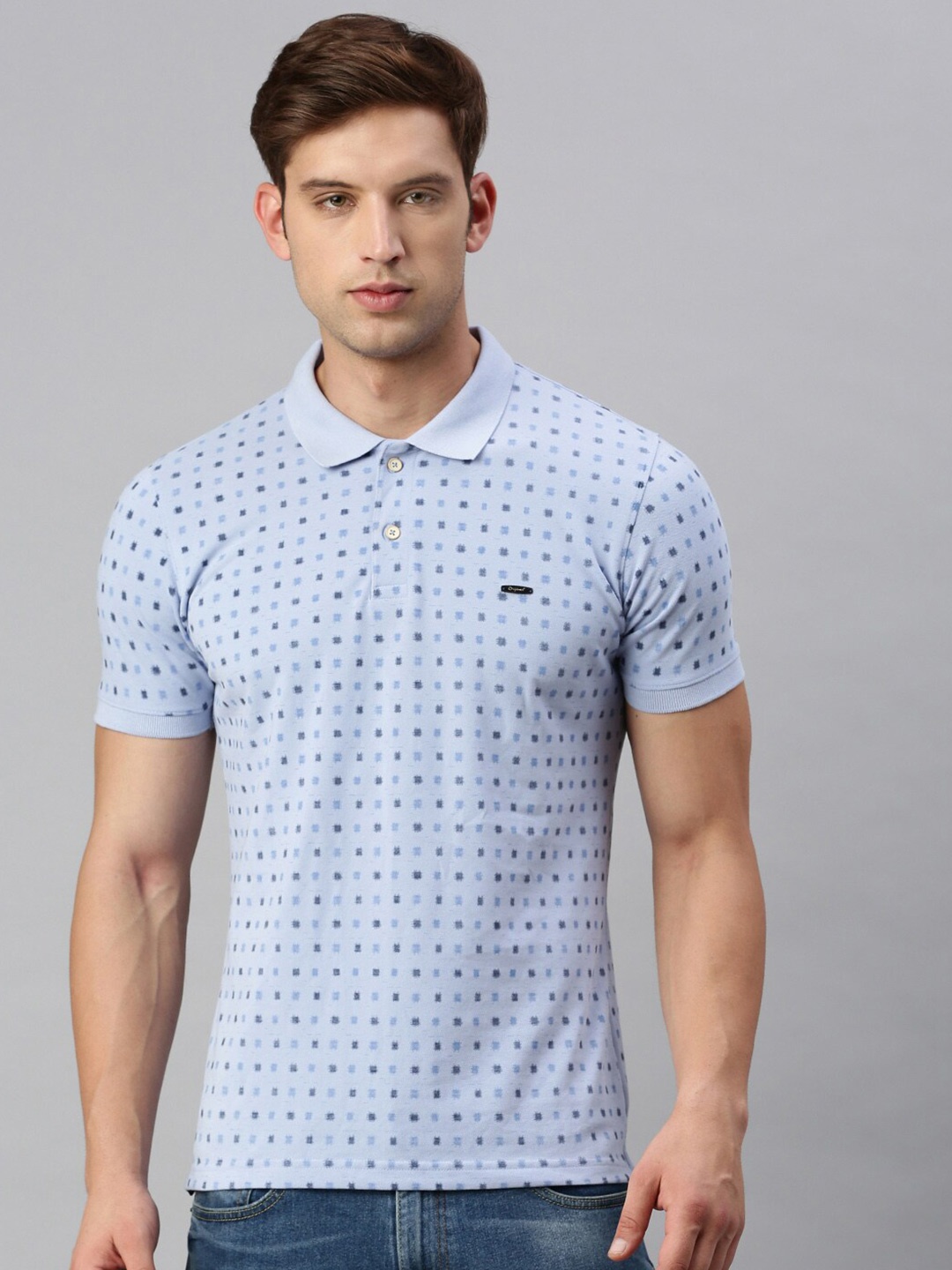

VRIKSH Geometric Printed Polo Collar Cotton Regular T-shirt, Blue