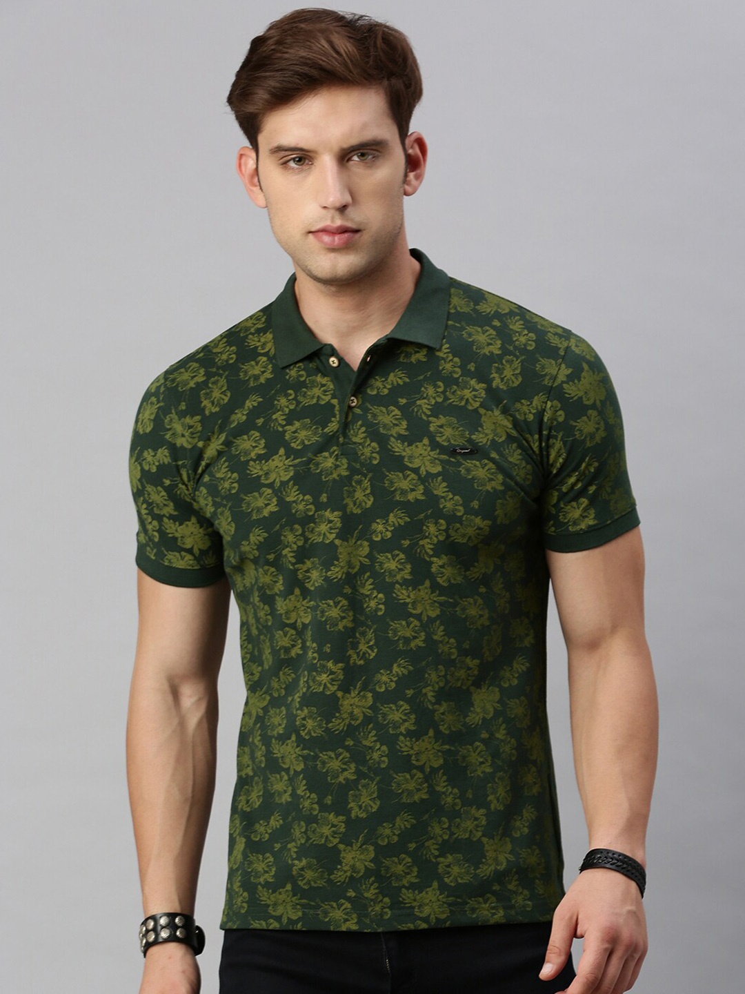 

VRIKSH Floral Printed Polo Collar Cotton Regular T-shirt, Olive