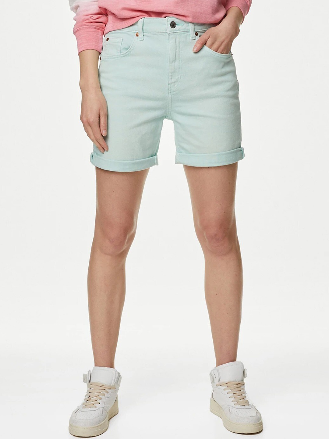 

Marks & Spencer Women High-Rise Denim Shorts, Blue