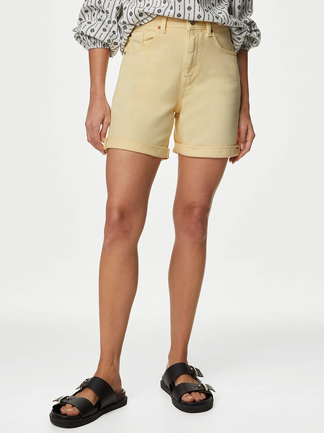 

Marks & Spencer Women High-Rise Denim Shorts, Yellow