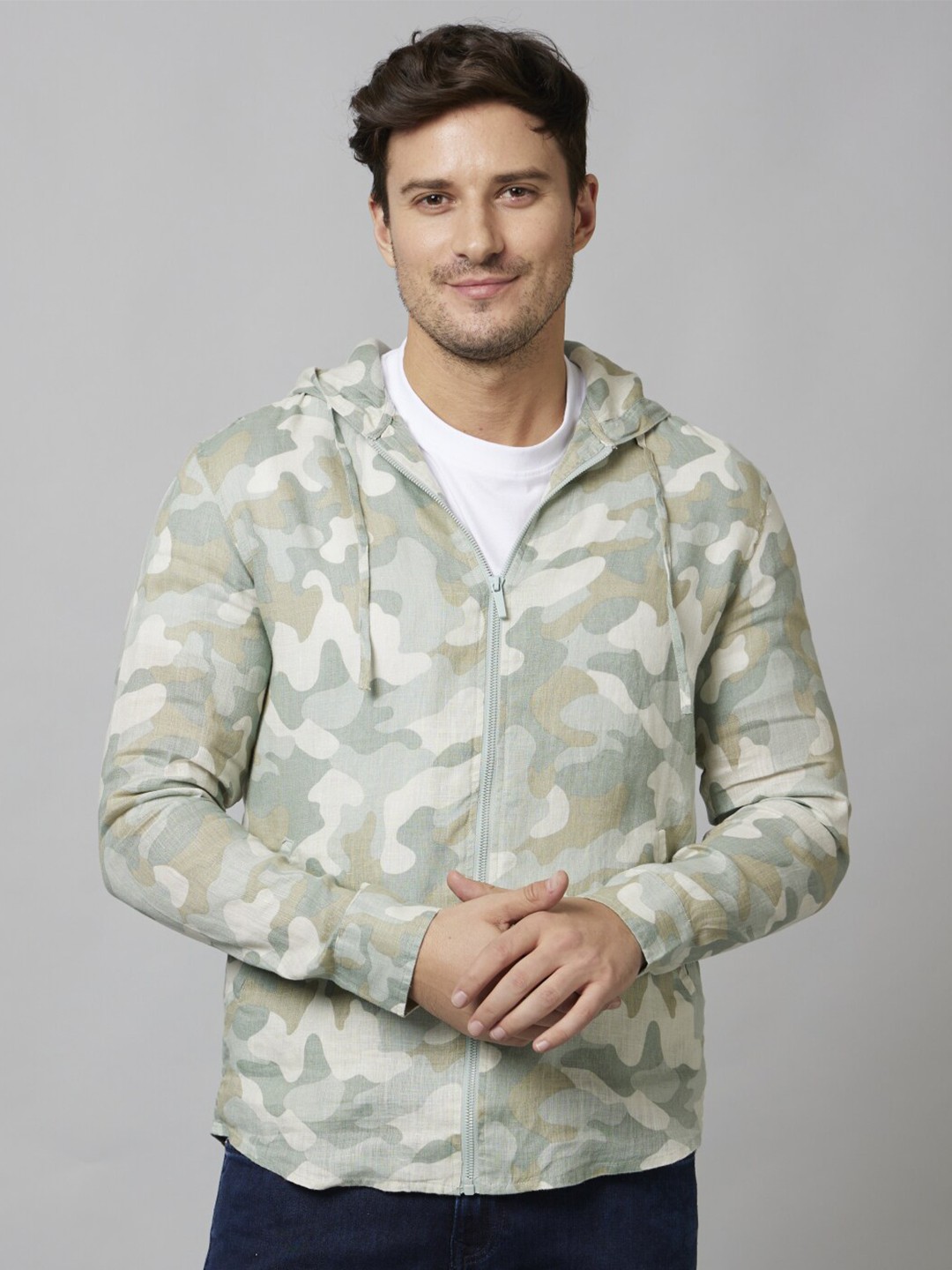 

Celio Classic Camouflage Printed Hood Linen Casual Shacket Shirt, Green