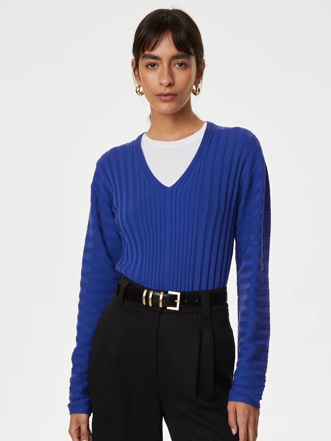 

Marks & Spencer Self Design Ribbed V-Neck Silk Cotton Pullover, Blue