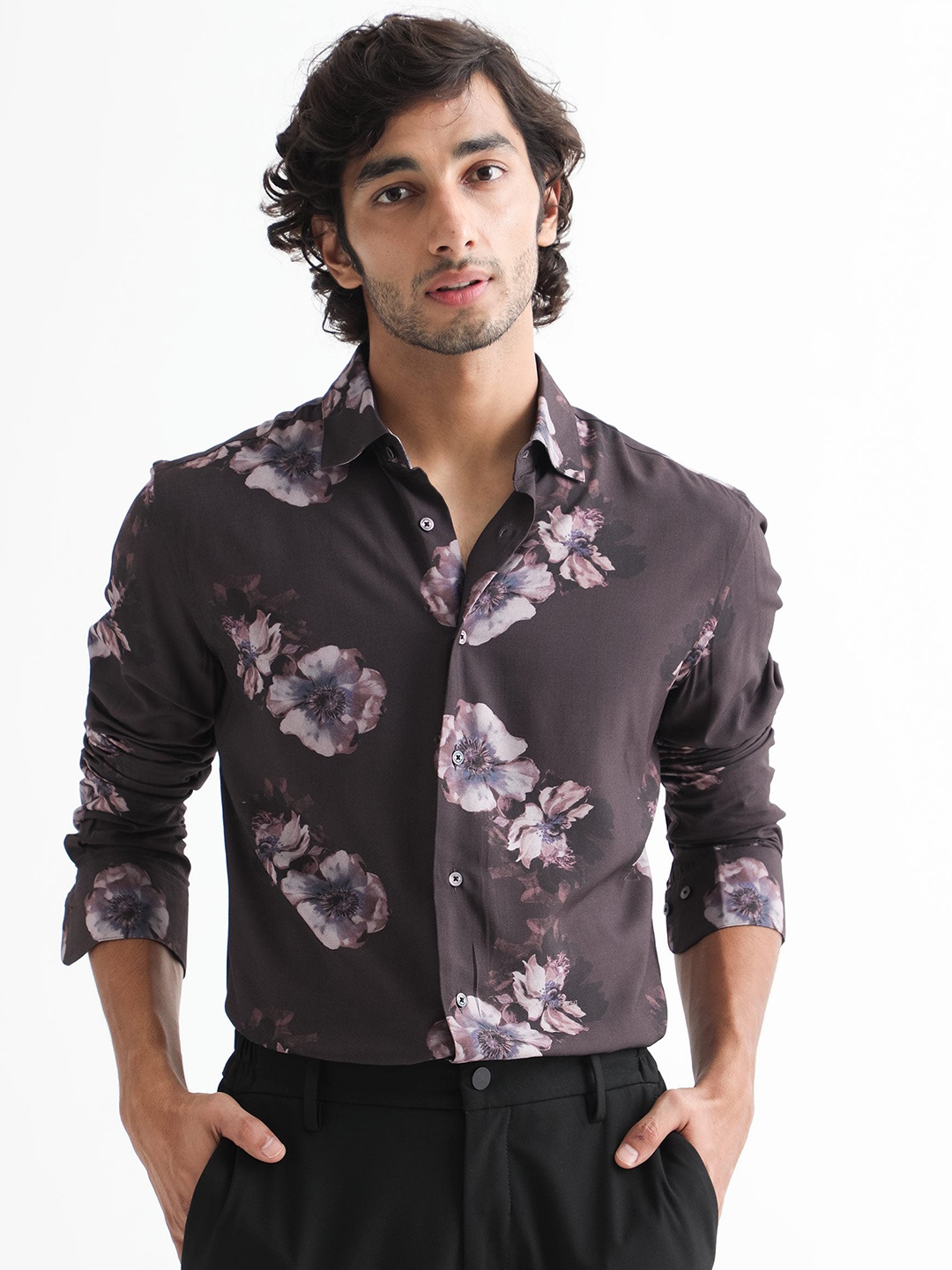 

RARE RABBIT Men Muds Regular Fit Floral Printed Cotton Shirt, Brown