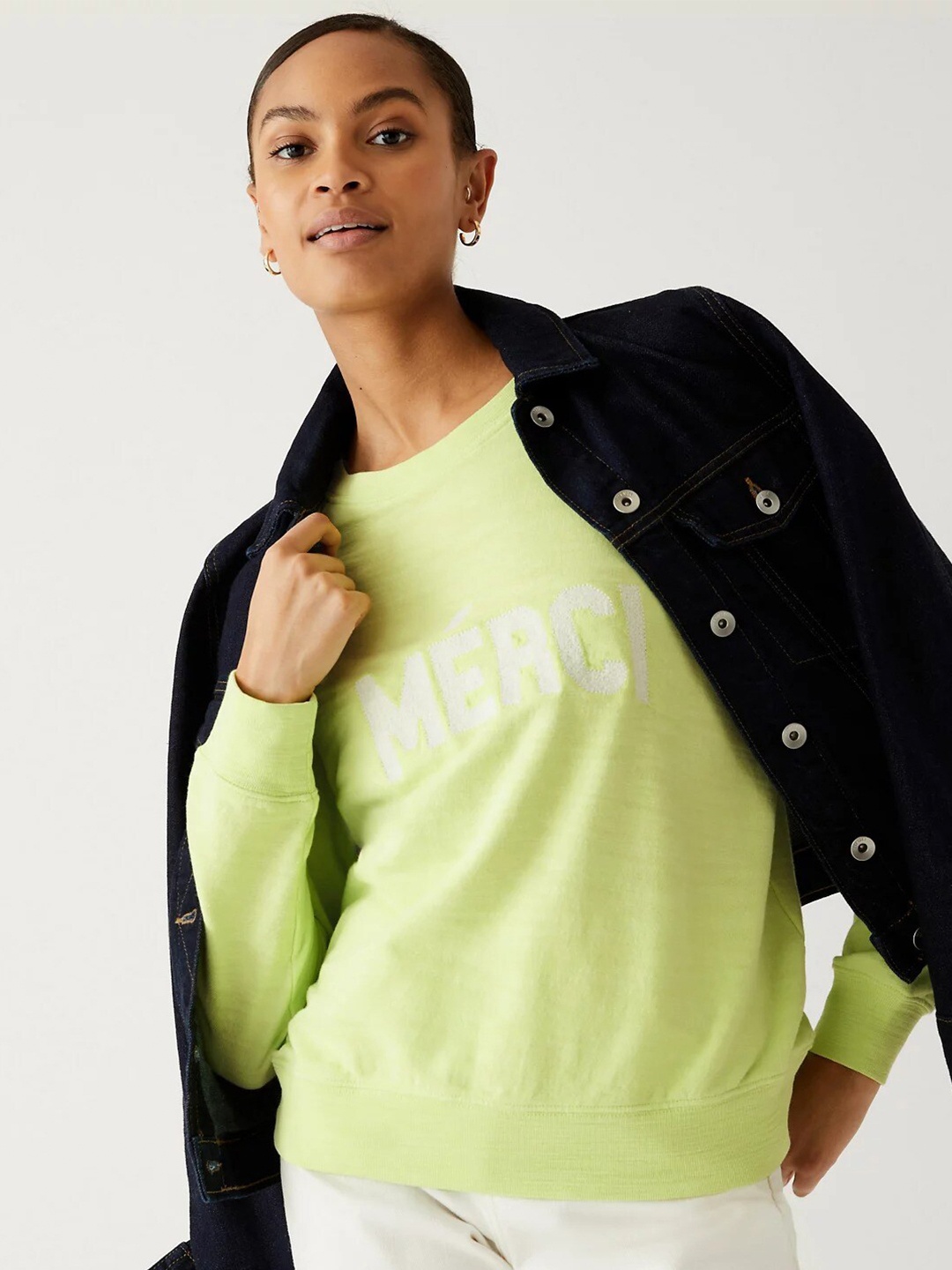 

Marks & Spencer Typography Printed Pure Cotton Pullover Sweatshirt, Lime green