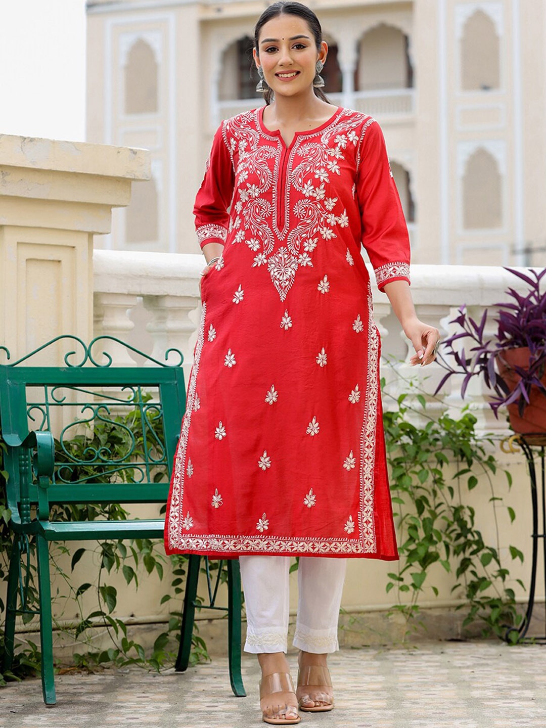 

KAAJH Floral Embroidered Notched Neck Chikankari Kurta With Trousers, Red