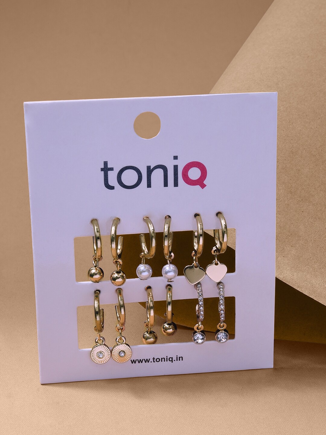 

ToniQ Set Of 6 Gold Plated Stone Studded & Pearls Beaded Hoop Earrings