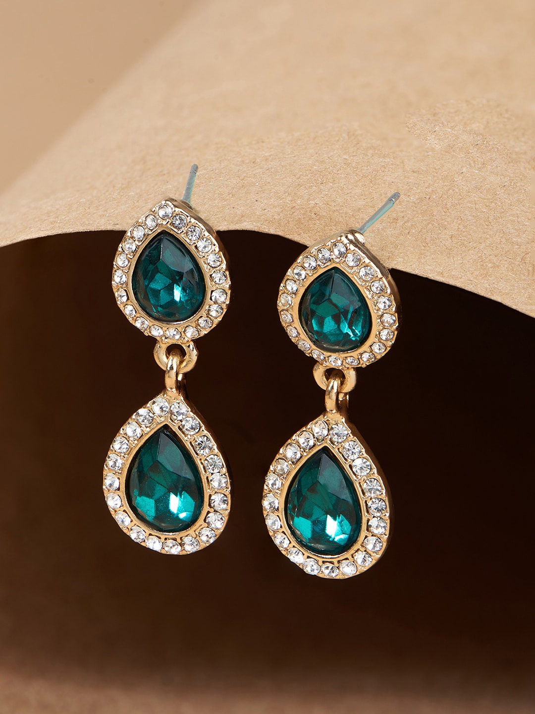 

ToniQ Gold Plated CZ Studded Teardrop Shaped Drop Earrings