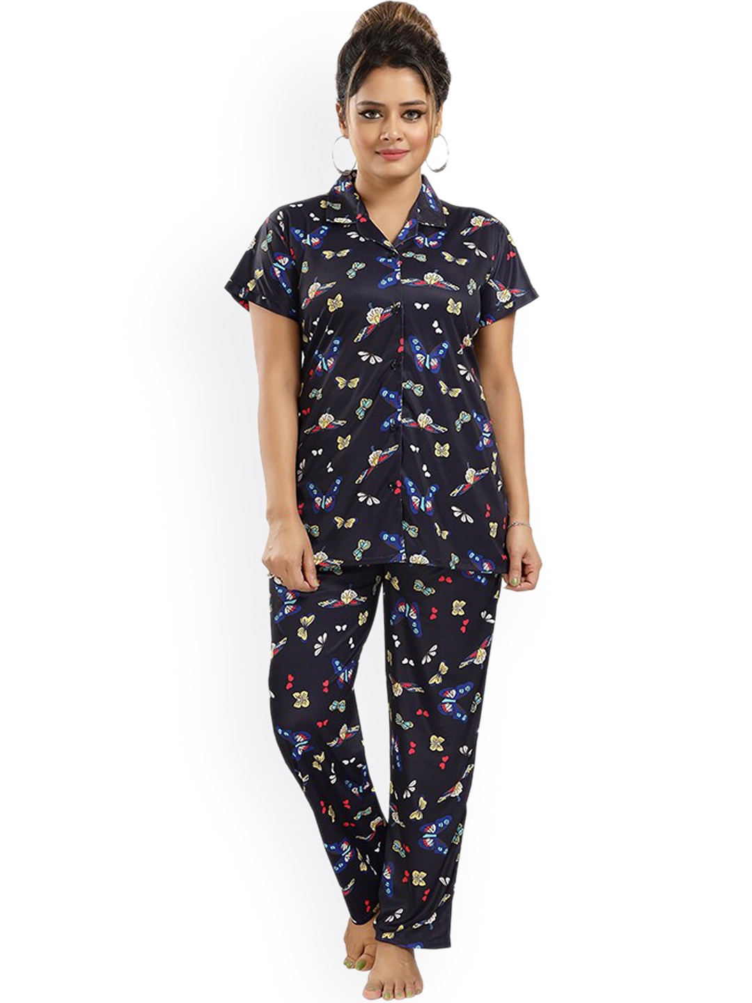 

FOMTI Conversational Printed Satin Night suit, Navy blue