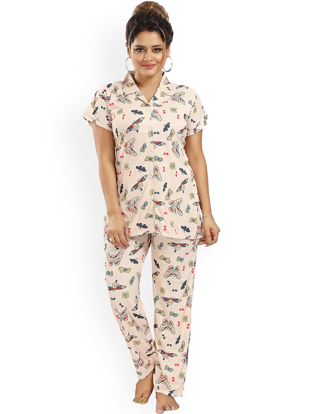 

FOMTI Conversational Printed Satin Night suit, Beige
