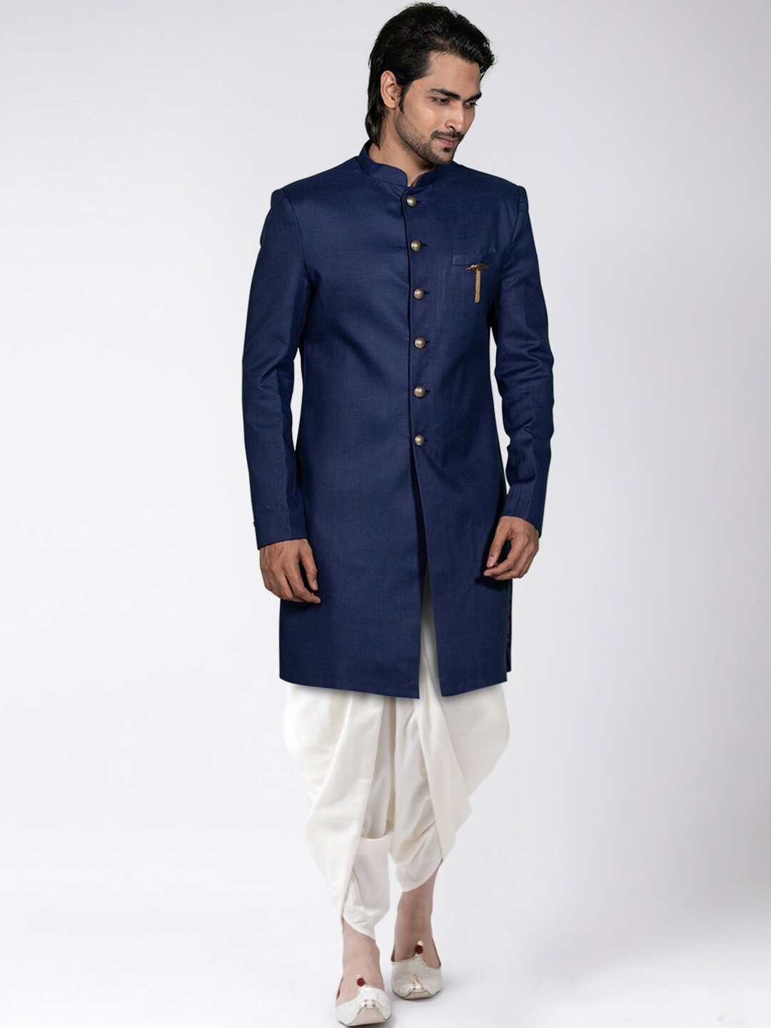

KISAH Men Cotton Indowestern Sherwani & Dhoti Set, Navy blue