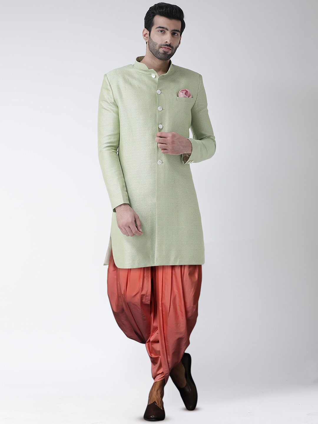 

KISAH Men Self-Design Cotton Indowestern Sherwani Set, Green