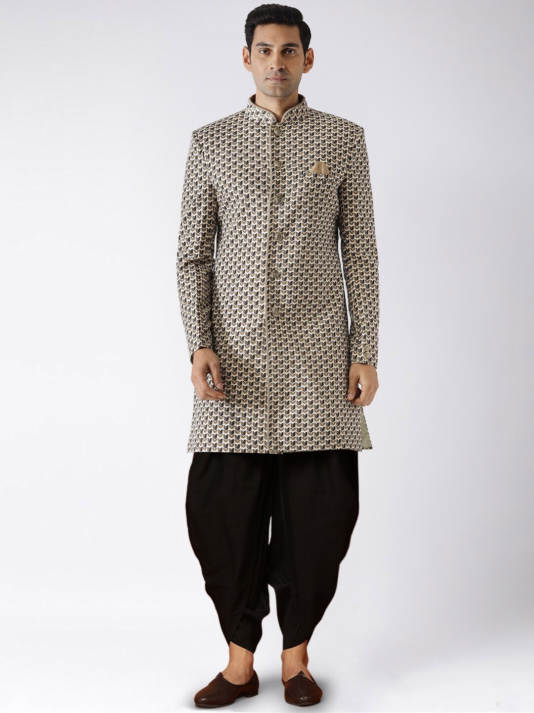 

KISAH Men Printed Cotton Indowestern Sherwani Dhoti Set, Grey