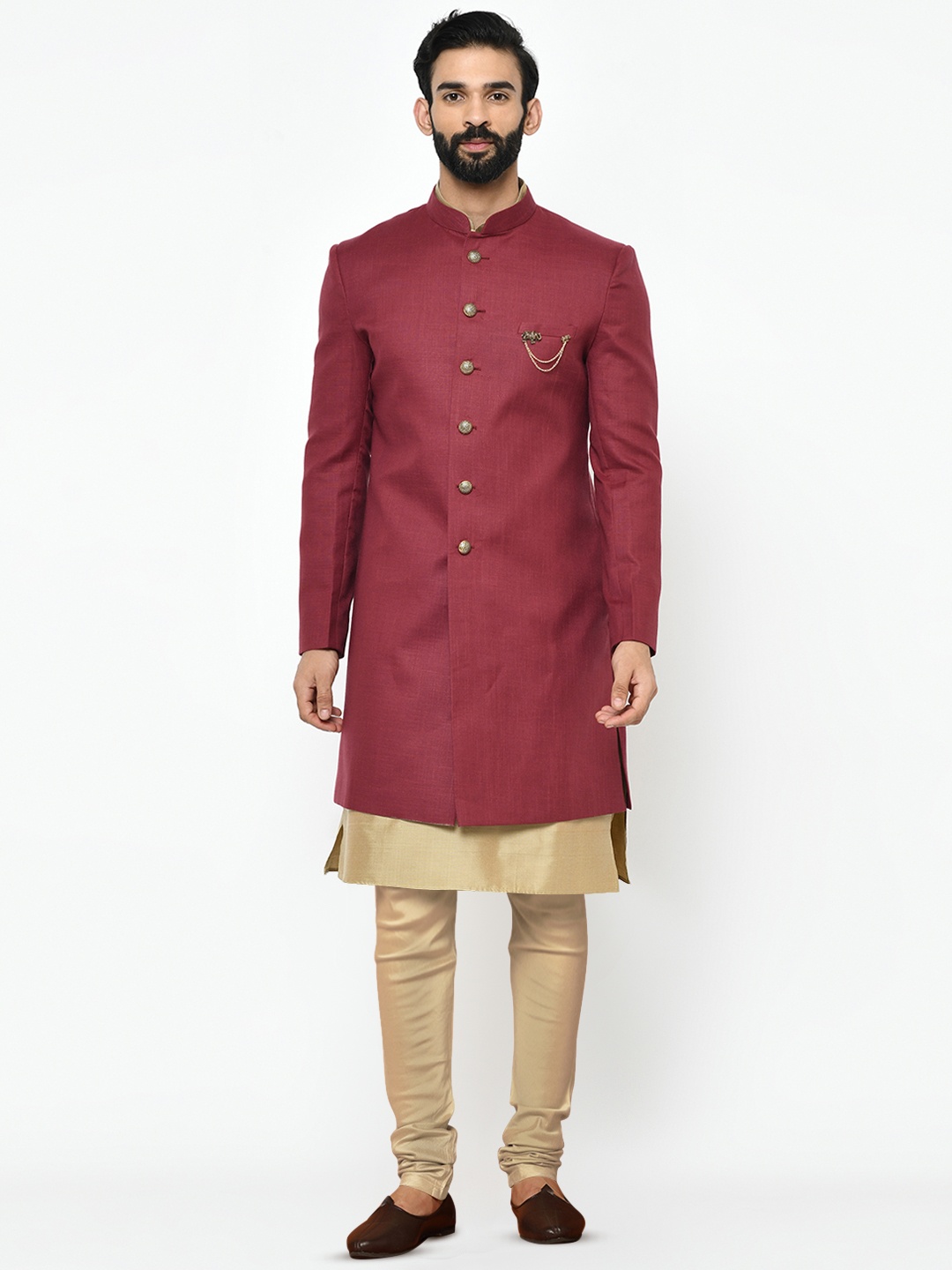 

KISAH Men Solid Cotton Indowestern Sherwani Set, Maroon