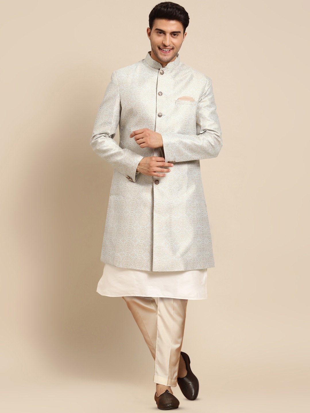 

KISAH Men Self Design Cotton Kurta Indowestern Sherwani Set, Grey