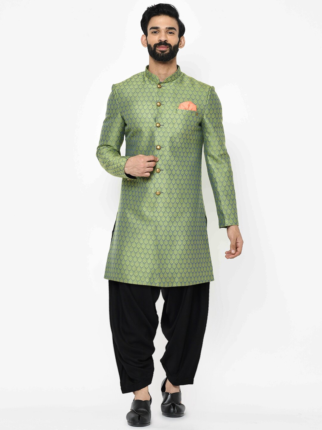 

KISAH Men Self-Design Cotton Indowestern Sherwani Set, Green