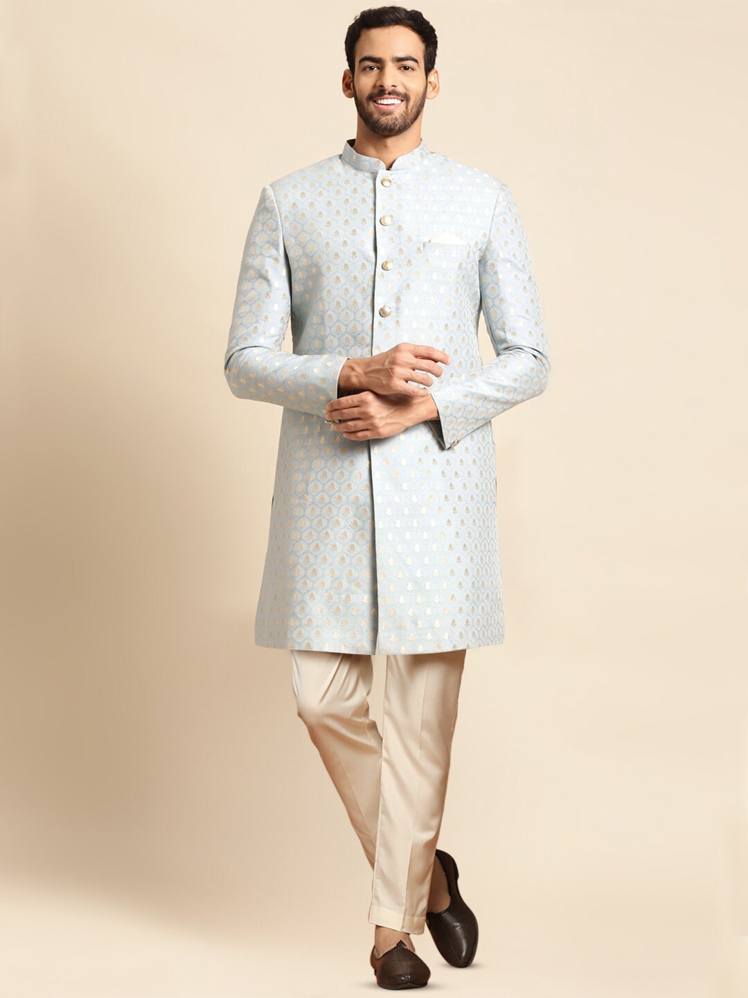 

KISAH Men Self Design Indowestern Sherwani Set, Blue