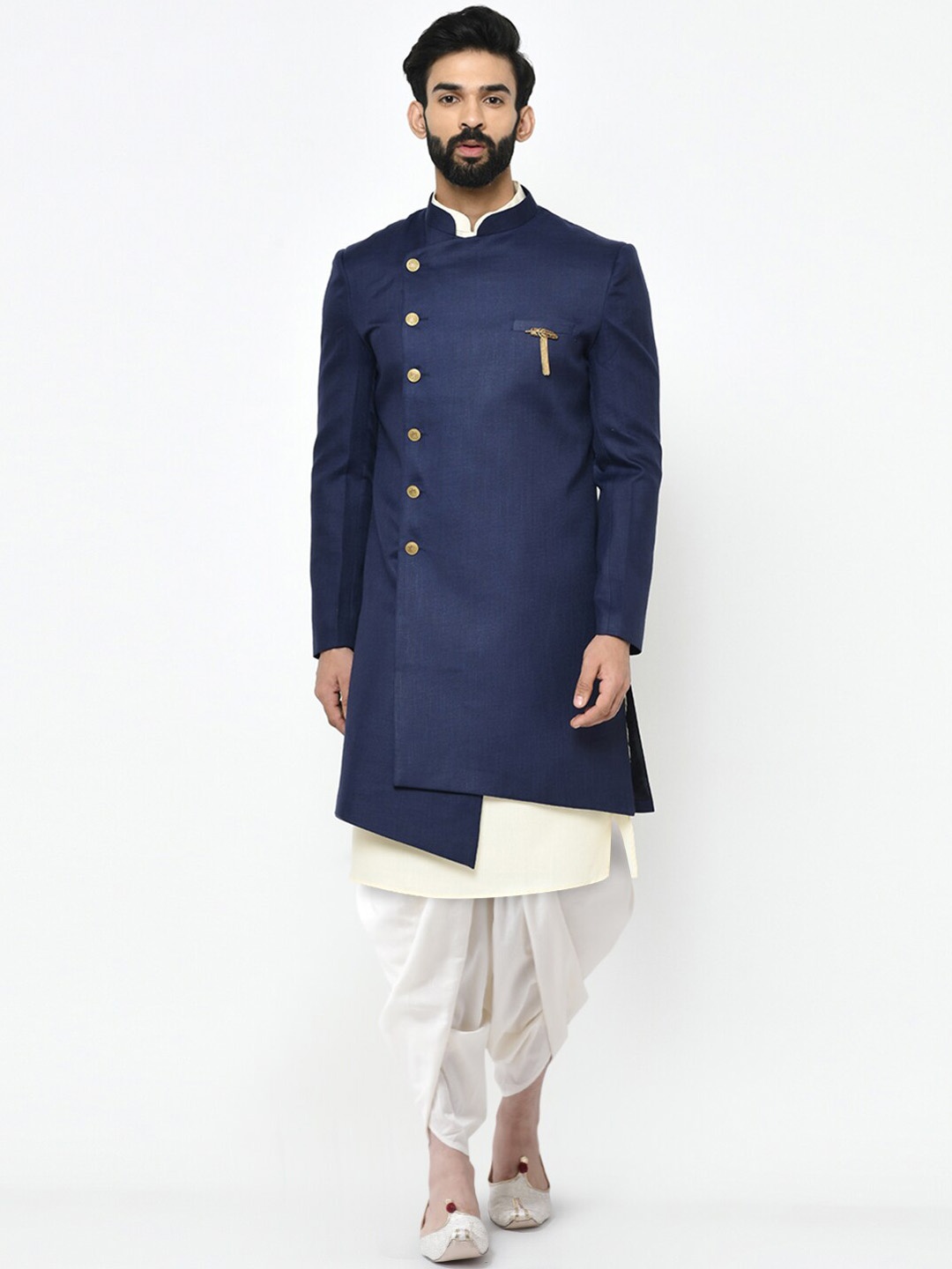 

KISAH Men Self-Design Cotton Indowestern Sherwani Set, Blue