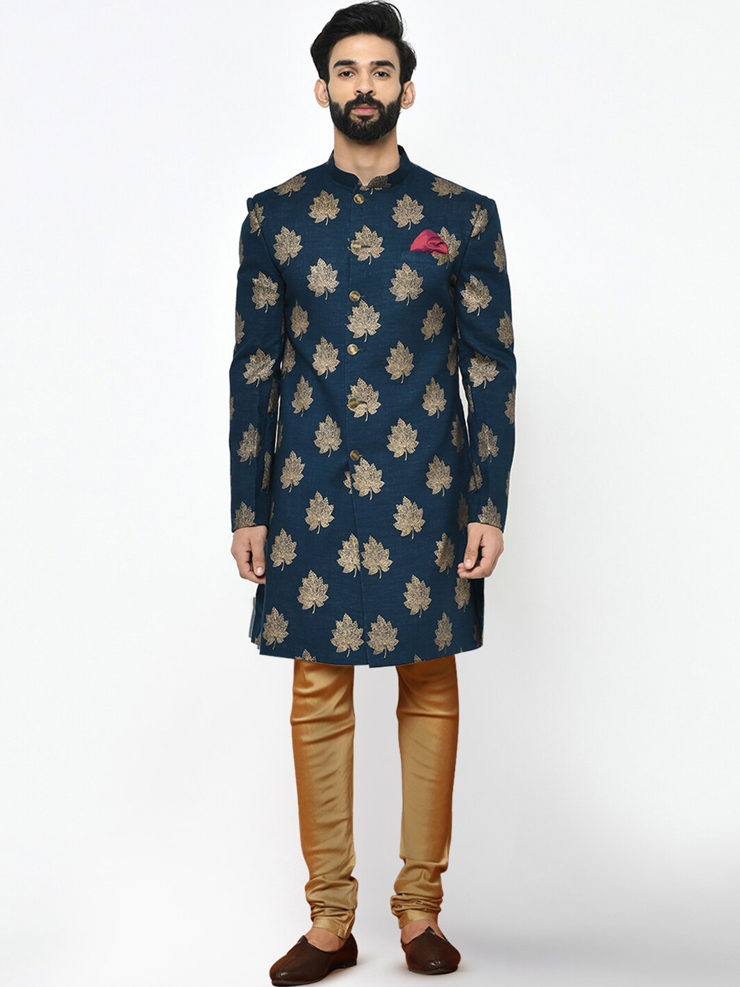 

KISAH Men Printed Cotton Indowestern Sherwani Set, Blue