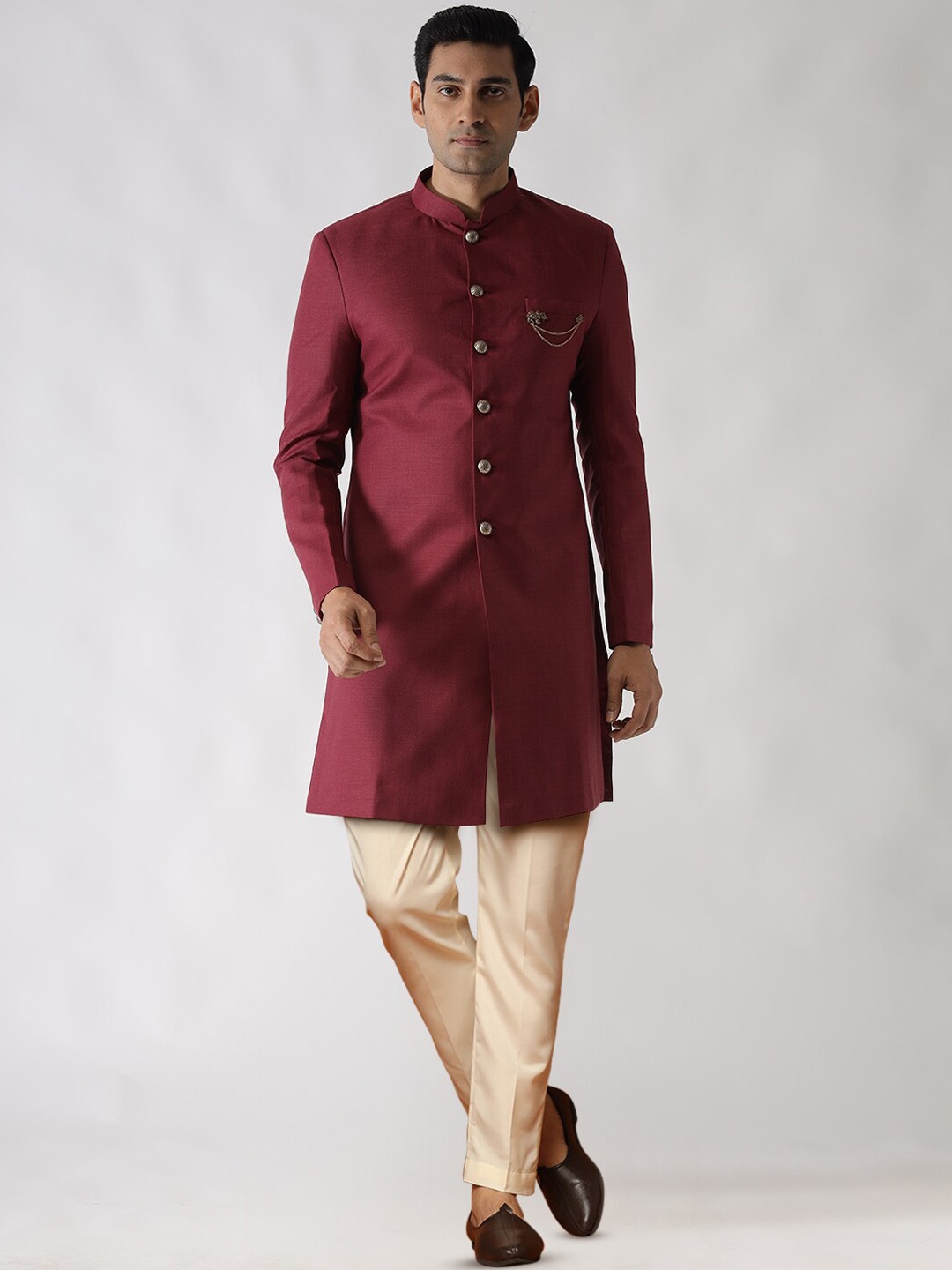 

KISAH Men Solid Cotton Indowestern Sherwani Set, Maroon