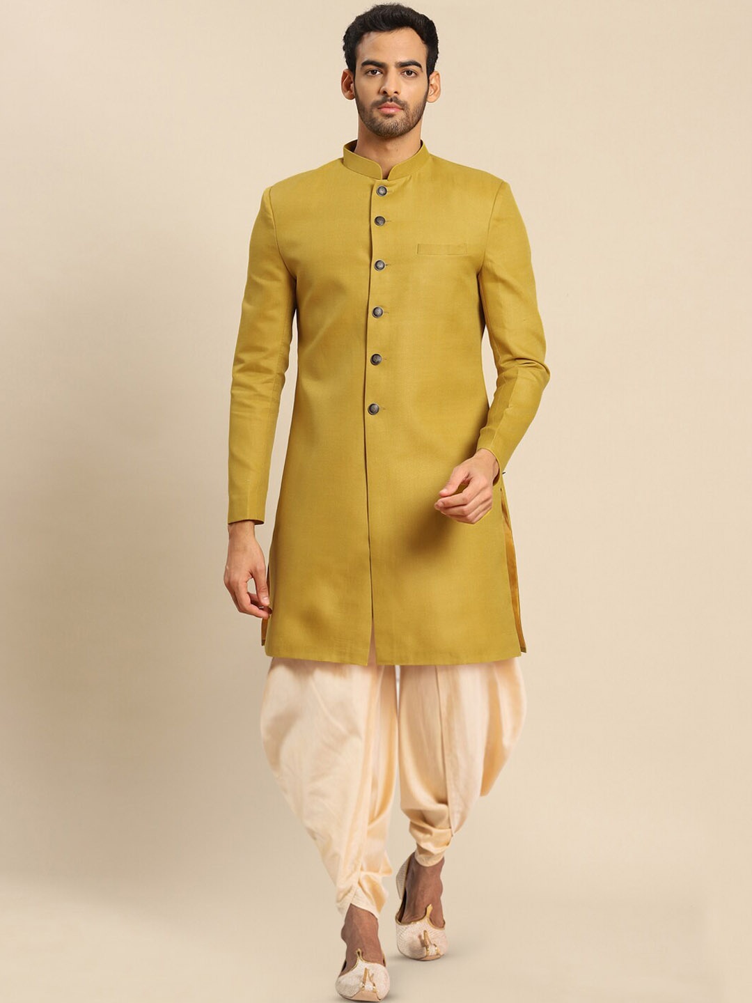 

KISAH Men Knee Length Indowestern Sherwani Set, Mustard