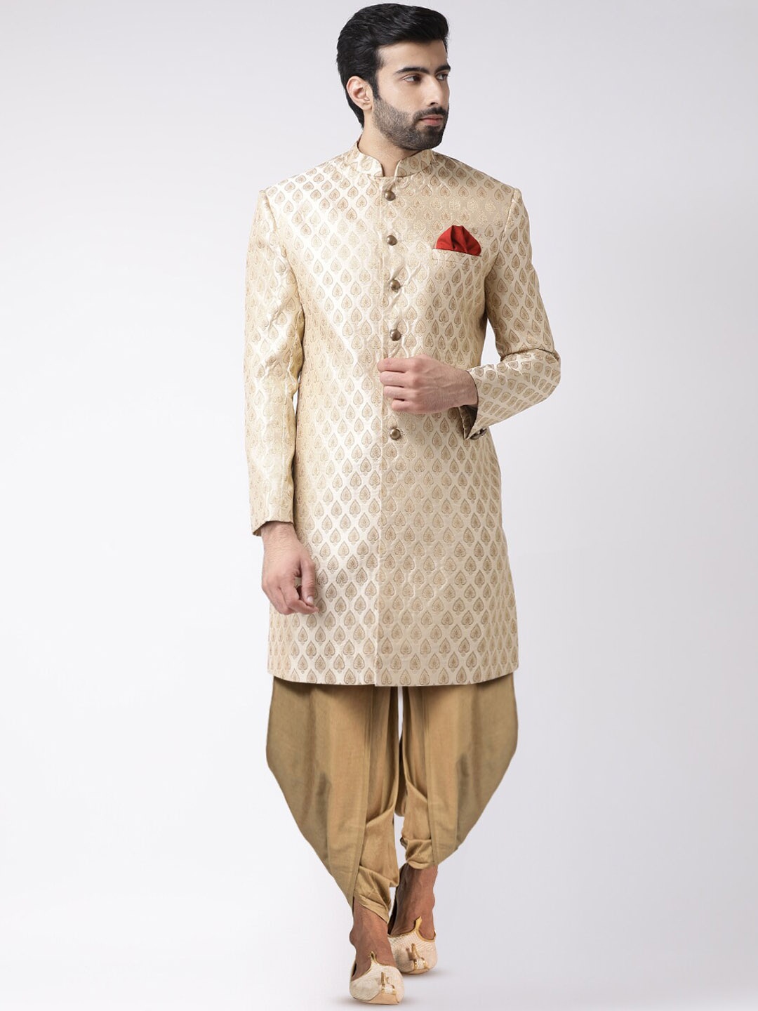 

KISAH Men Self-Design Cotton Indowestern Sherwani Set, Cream