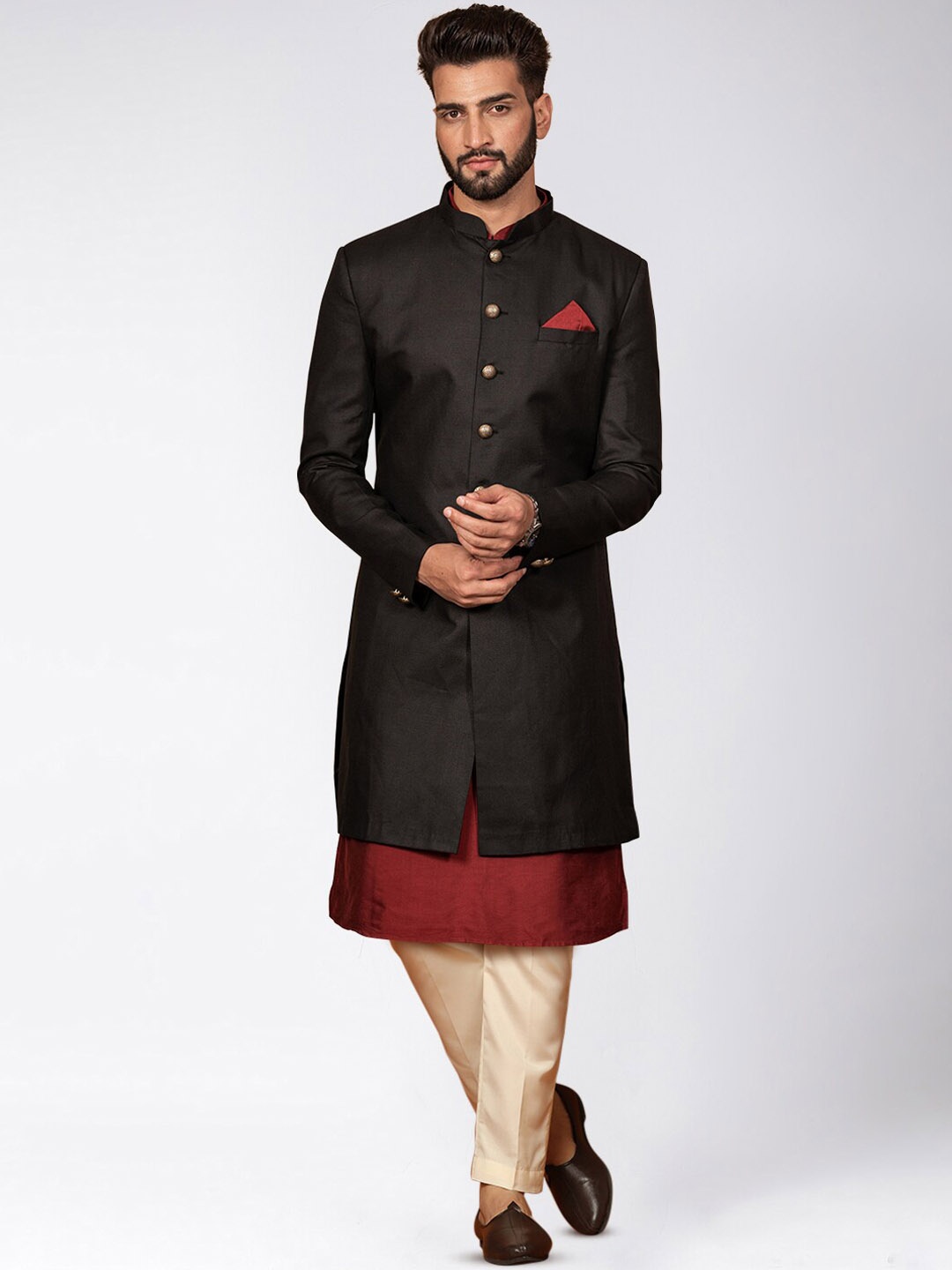 

KISAH Men Slim Fit Cotton Kurta & Indowestern Sherwani with Churidar Set, Black