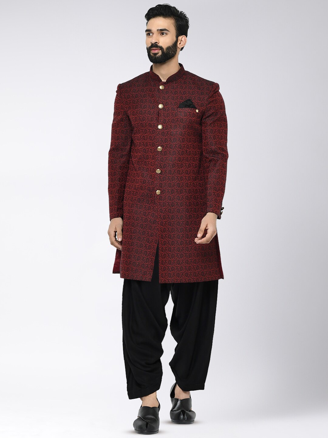 

KISAH Men Self-Design Cotton Indowestern Sherwani Set, Maroon