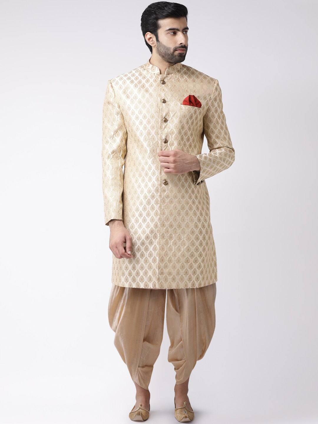 

KISAH Men Woven-Designed Cotton Indowestern Sherwani With Dhoti Pant Set, Cream