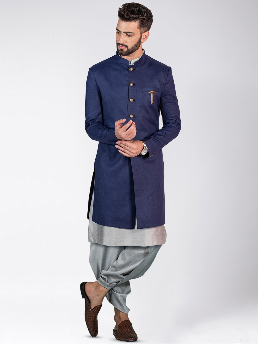 

KISAH Men Solid Cotton Indowestern Sherwani Set, Navy blue