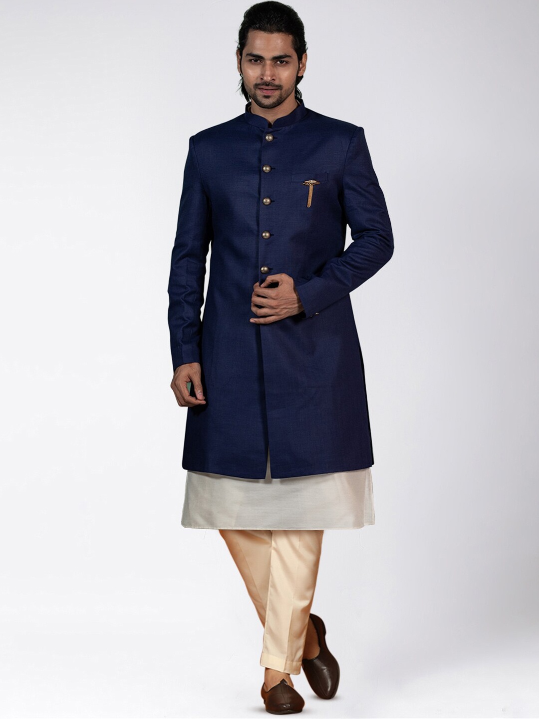 

KISAH Men Knee Length Kurta Indowestern Sherwani Set, Navy blue