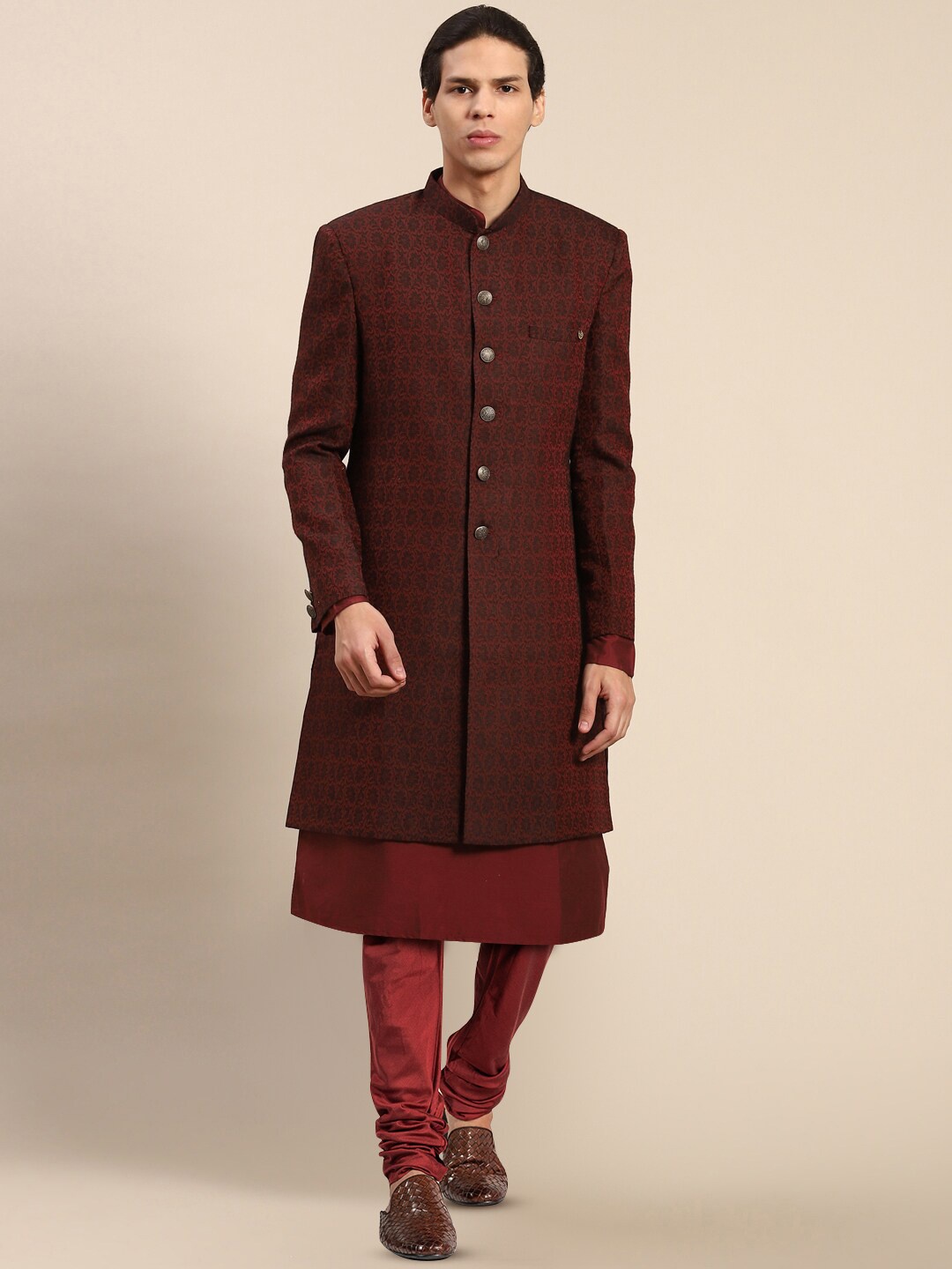 

KISAH Men Self-Design Cotton Indowestern Sherwani Set, Maroon