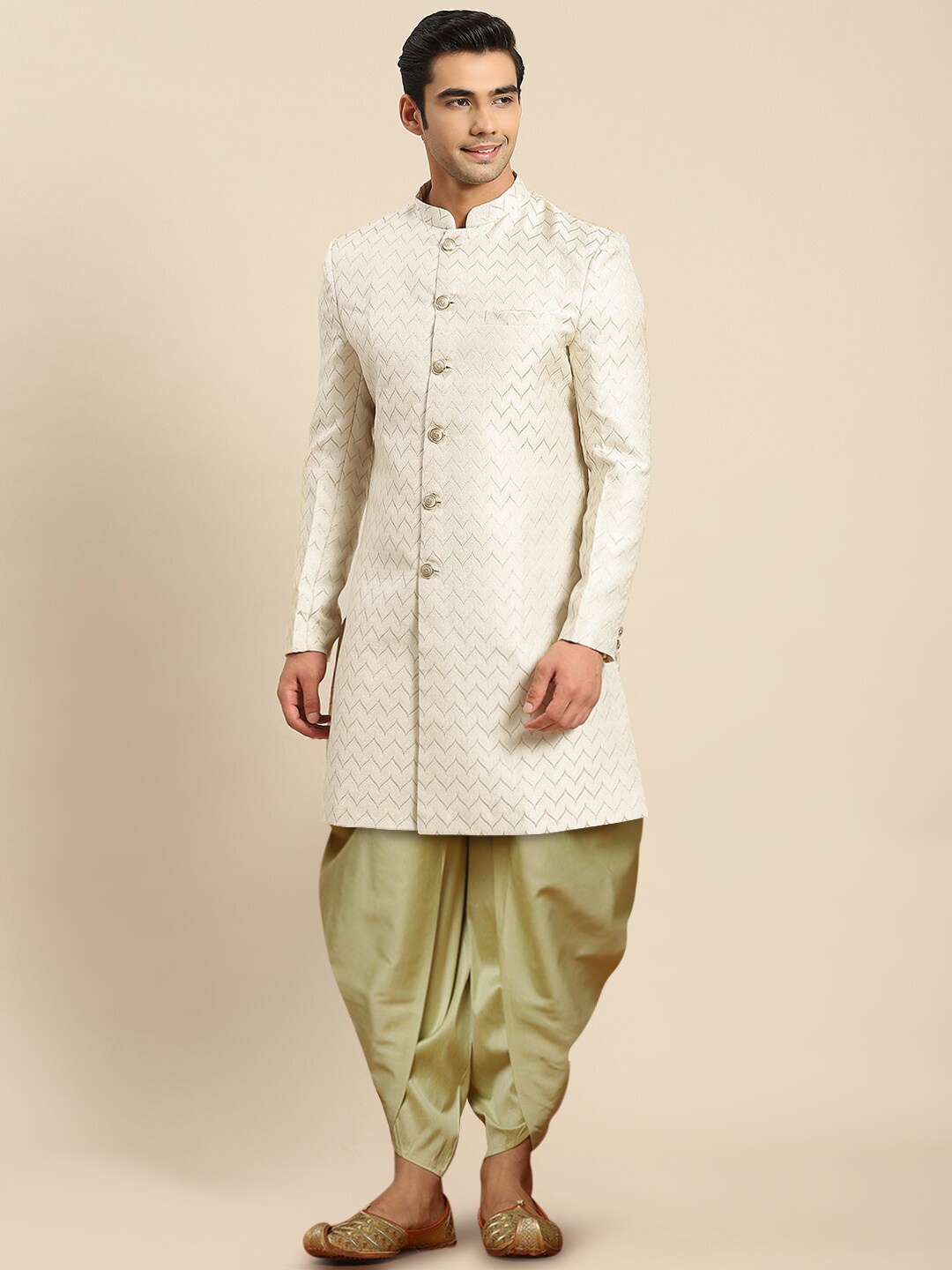 

KISAH Men Self-Design Cotton Indowestern Sherwani Set, White