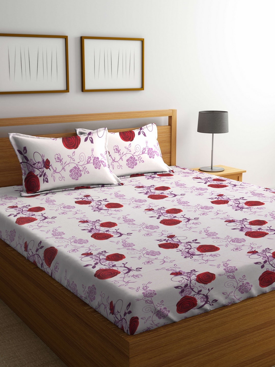

Cortina White & Red Floral Flat 104 TC Cotton 1 Queen Bedsheet with 2 Pillow Covers