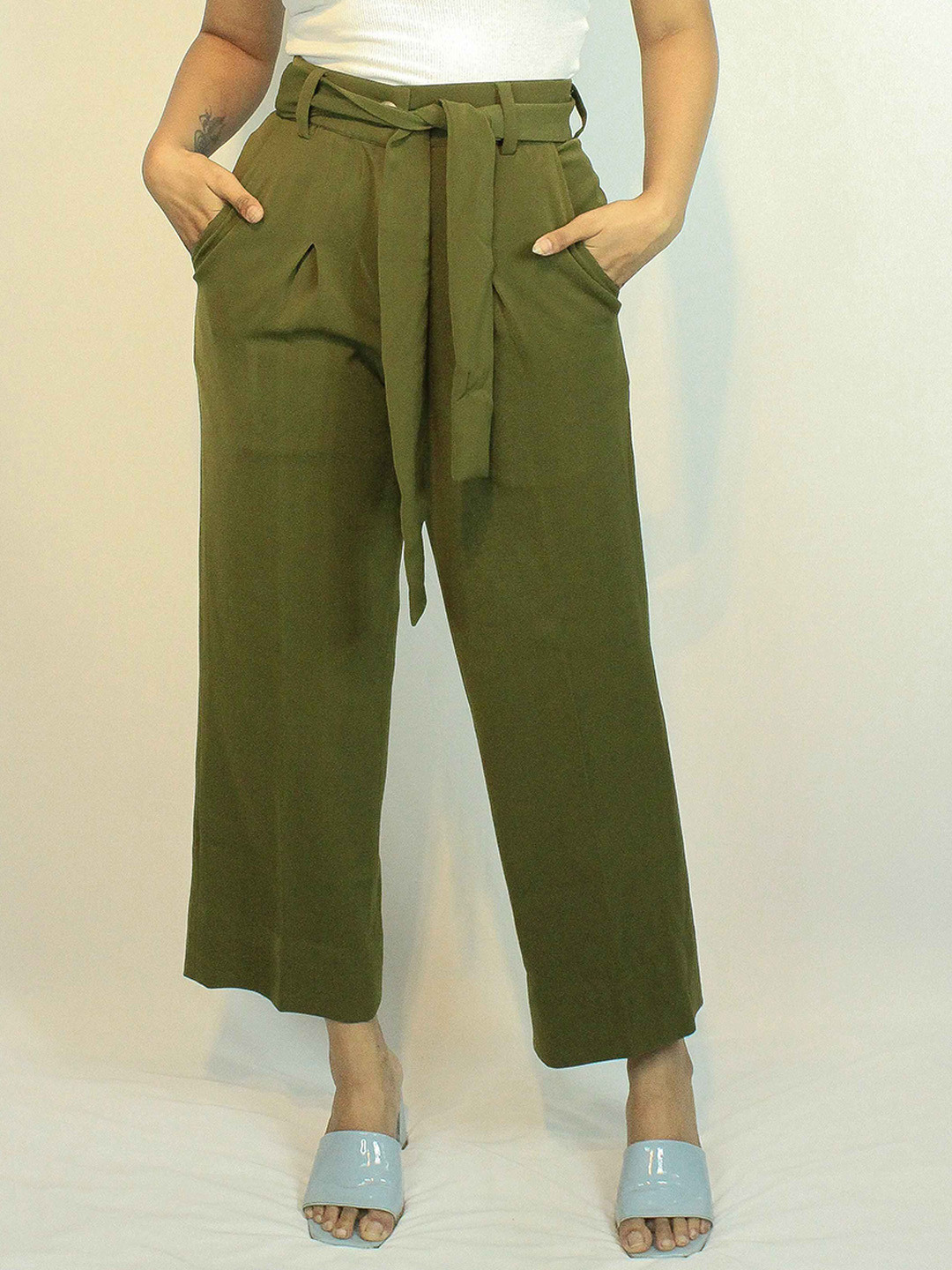 

KHUSHBOO AND PANKAJ Women Smart Straight Fit Non Iron Pleated Peg Trousers, Olive